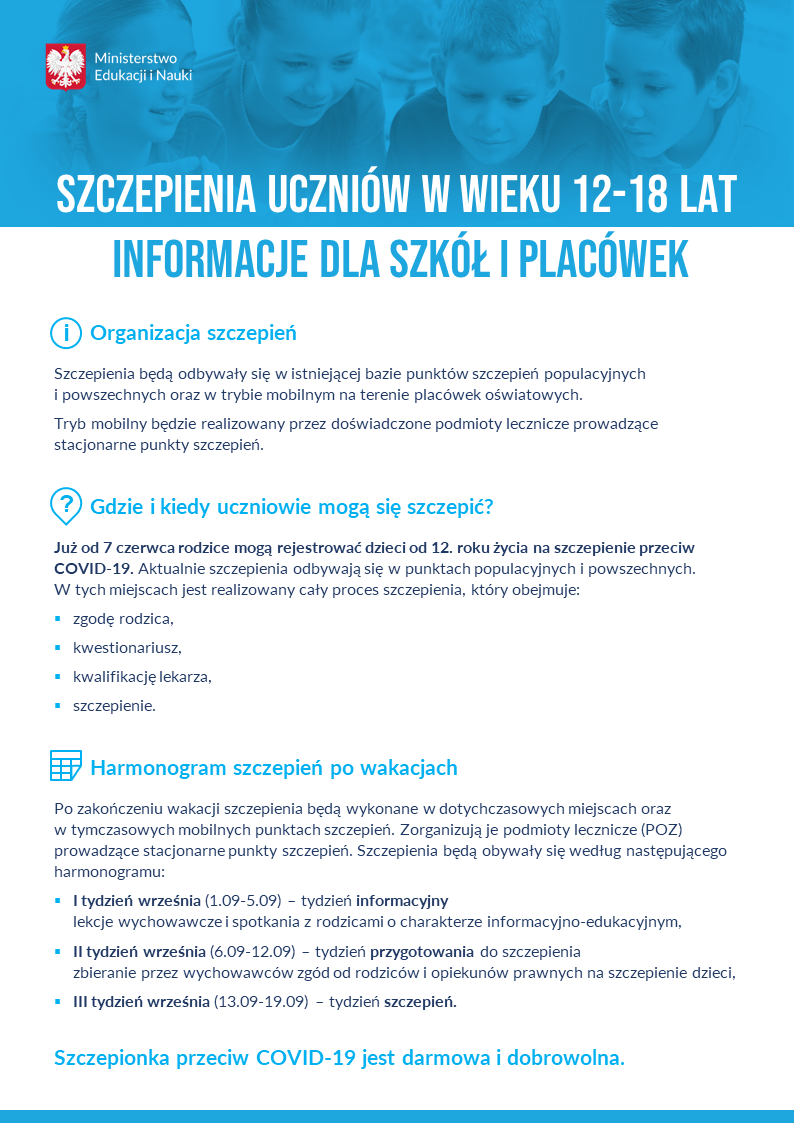 Szczepienia uczniow w wieku 12 18 lat informacje dla szkol i placowek plakat 