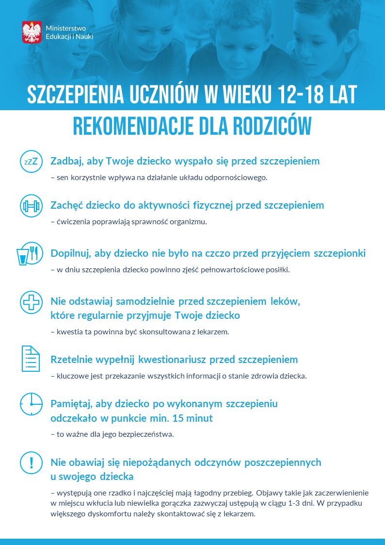 Szczepienia uczniow w wieku 12 18 lat rekomendacje dla rodzicow plakat 